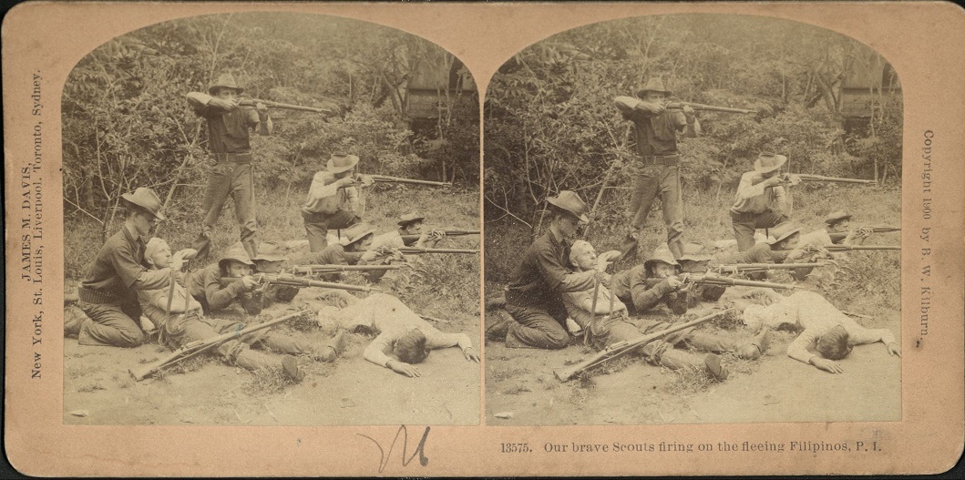 Our brave Scouts firing on the fleeing Filipinos, P. I.